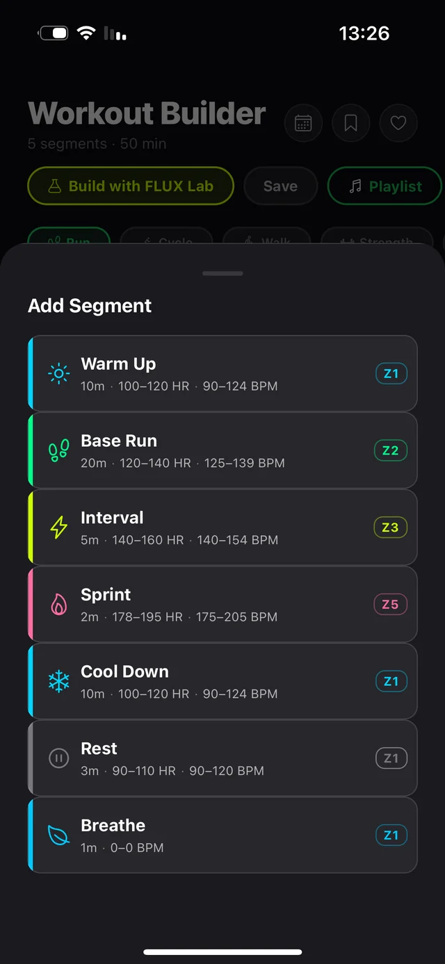 Segment type picker with warm-up, interval, sprint, cooldown and rest