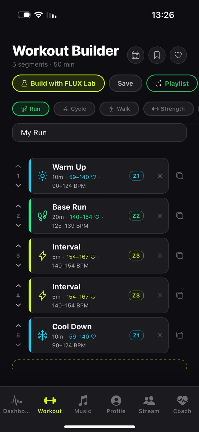 Workout builder showing structured segments with durations and BPM targets