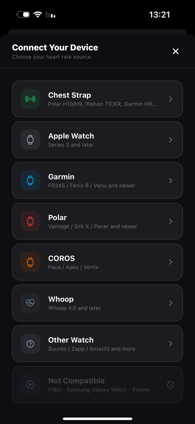 Connect Your Device list with eight supported heart rate sources