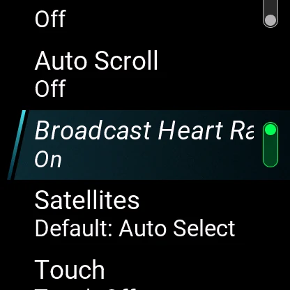 Garmin Broadcast Heart Rate toggle On in Run Settings