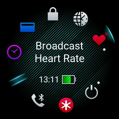Garmin controls menu with Broadcast Heart Rate selected