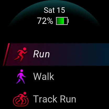 Garmin activity list with Run selected