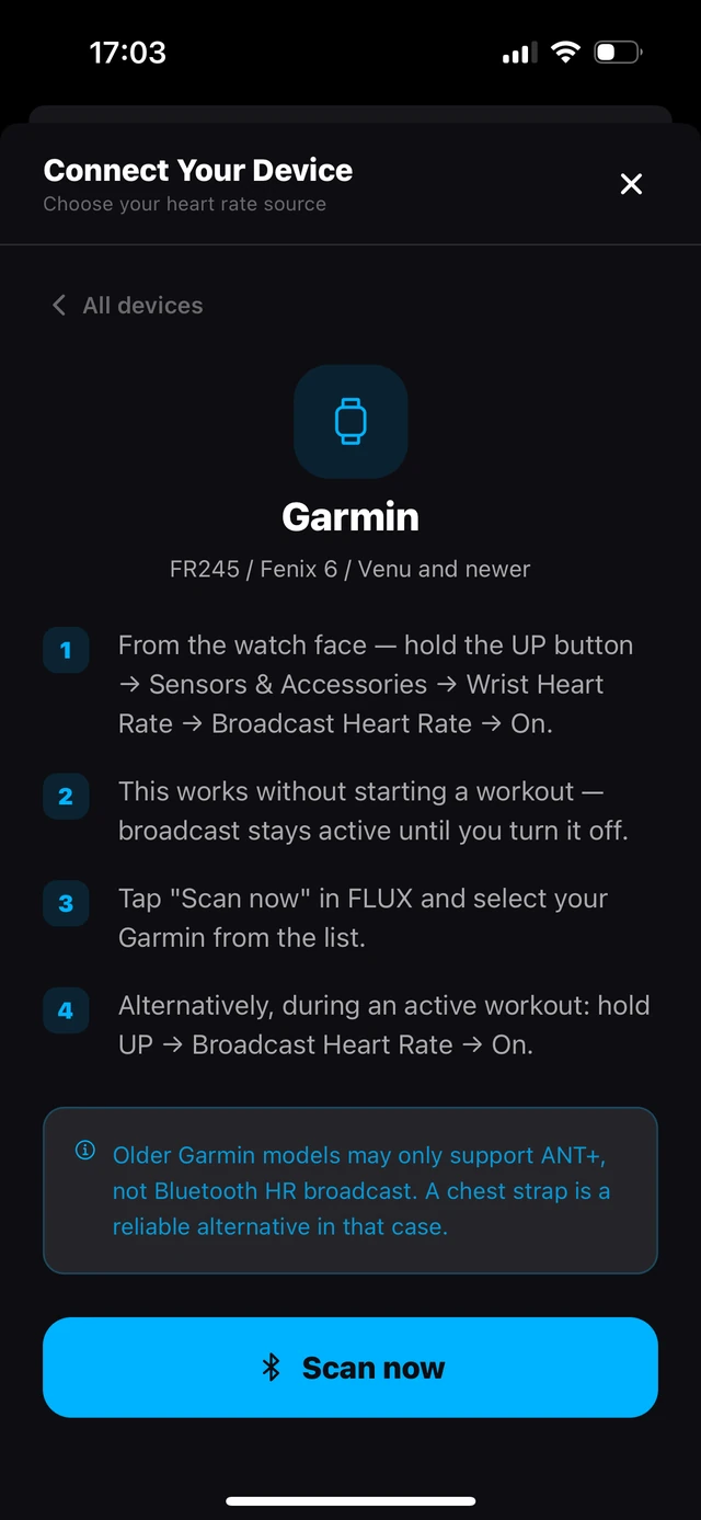 Garmin connection guide in FLUX with numbered steps for turning on Broadcast Heart Rate and scanning