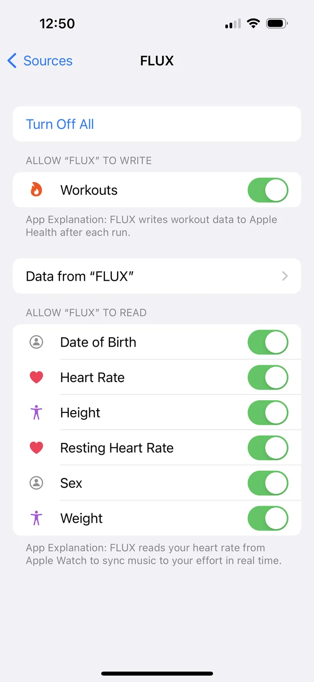 iPhone Health settings for FLUX with Heart Rate and all read permissions enabled
