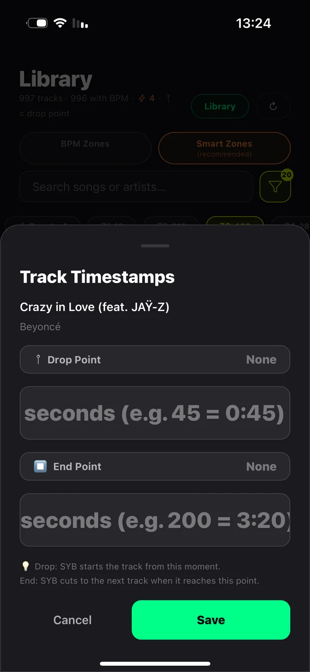 Drop point editor with a scrubber to mark where a track should start