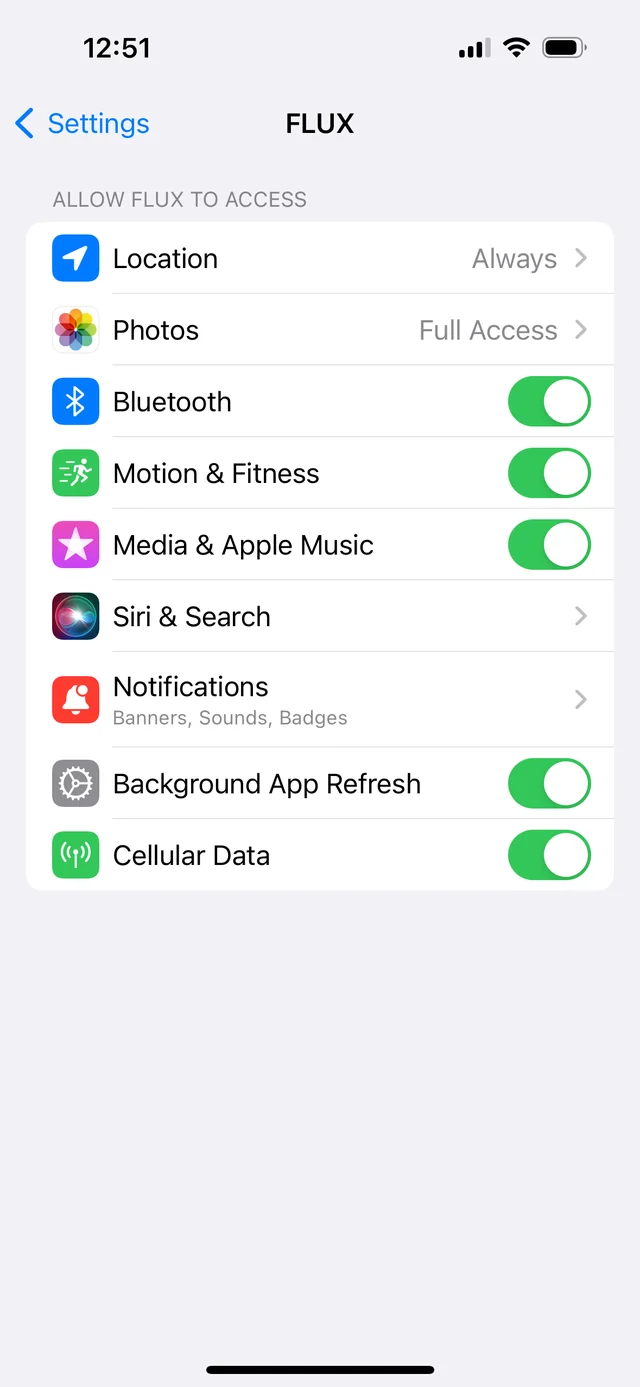 iPhone settings for FLUX showing Location, Bluetooth, Motion and Apple Music permissions enabled
