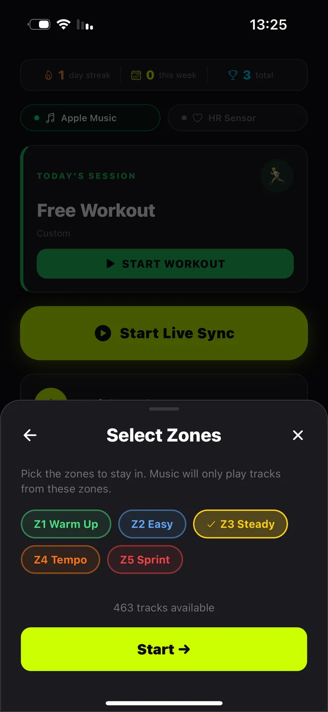 Select Zones sheet with five training zones and a live count of 463 available tracks